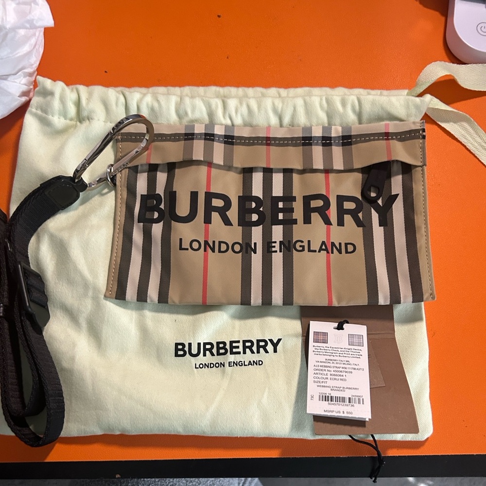 Burberry Ecru and Red Webbing Wristlet with strap